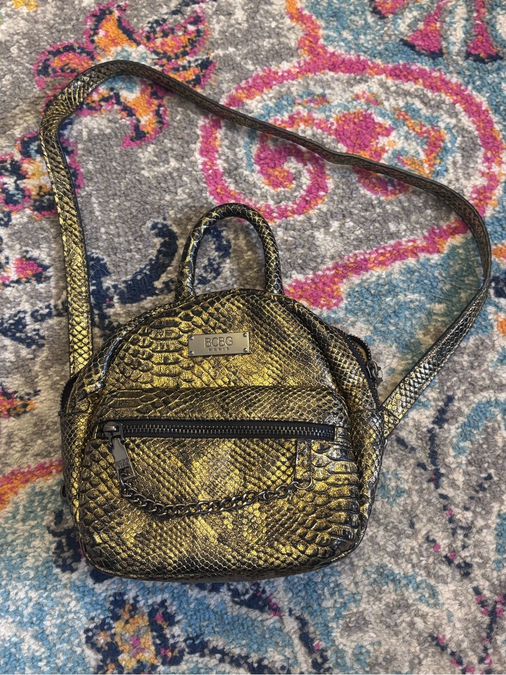 BCBG Metallic Gold Snake-Embossed Mini Crossbody Backpack